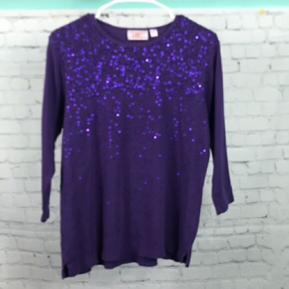 Quacker Factory Royal Purple Long Sleeve Sequined Top Size Large 3/4 sleeve EUC - Picture 1 of 5